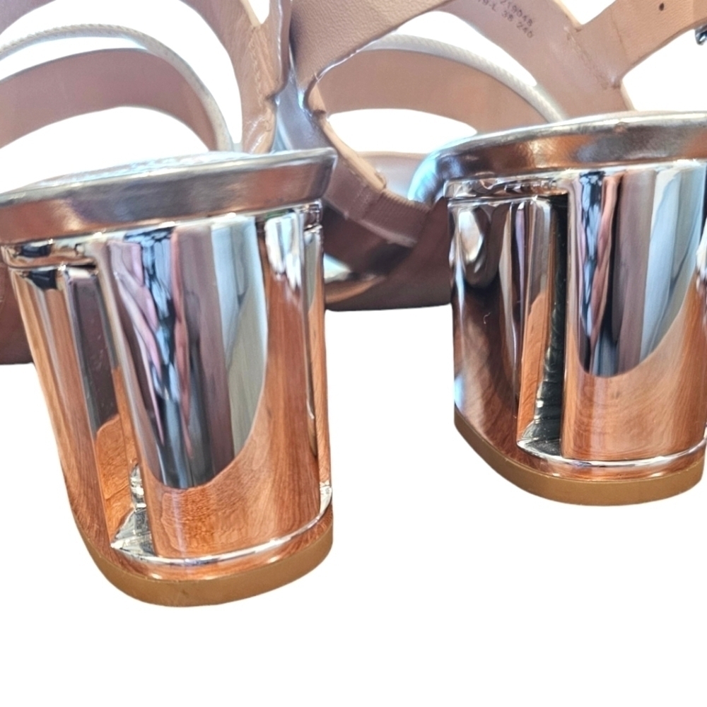 What For Leather Silver & Blush Chucked Strap Heels - Picture 11 of 13